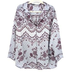 Free People Dreamy Days Satin Button Front Top Blue Small Boho Lounge Maximalist